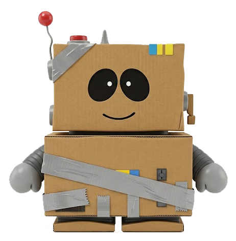 The Kungfu Kanban master — a cardboard box robot held together with duct tape
